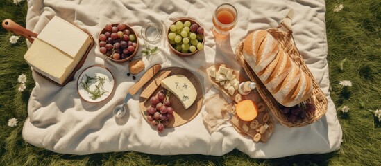 Summer Picnic with Cheese, Bread, and Grapes