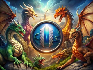 Fototapeta premium Pause-Button-Icon-Fantasy-Dragon: Whimsical pause icon surrounded by mythical dragons, igniting imagination and wonder.