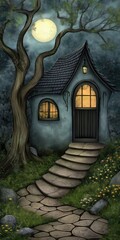 Obraz premium Magic house in the magic forest, magical fairy tale background, image for mobile phone, ios, Android, banner for Instagram stories, vertical wallpaper.