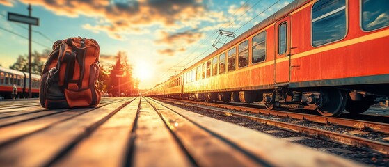 A scenic sunset at a train station with a backpack in the foreground, highlighting travel and adventure.