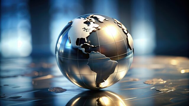 Polished silver globe on a reflective surface, surrounded by subtle shadows, radiates a sense of luxury, sophistication, and global exploration against a soft, blurred background.