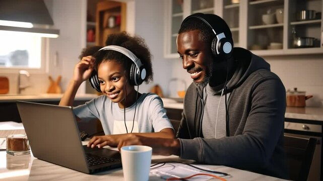 African American father helping girl remotely learning with laptop, interesting app for children, using modern tech, homeschooling, making homework, clever kid and self education at home concept