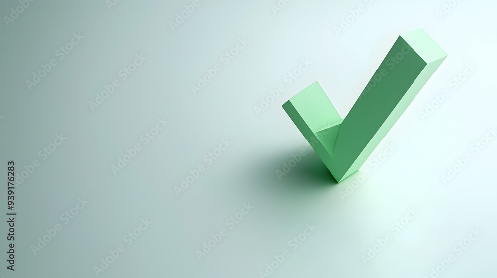 Poster green 3d floating check mark icon in minimalistic white background