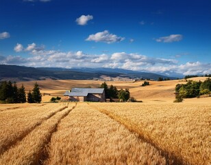Fototapeta premium 広大な青空の下、黄金色の小麦畑。遠くに素朴な農家
