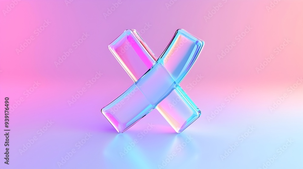 Poster transparent 3d glass-like check mark icon with subtle light refraction on gradient background