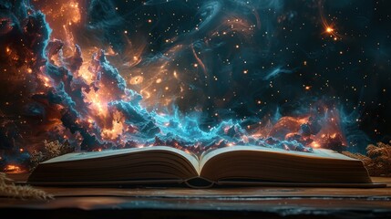 A student or physics scientist open a book to study theory of physics law of planetary gravitation motion and general relativity equation or light spectrum.