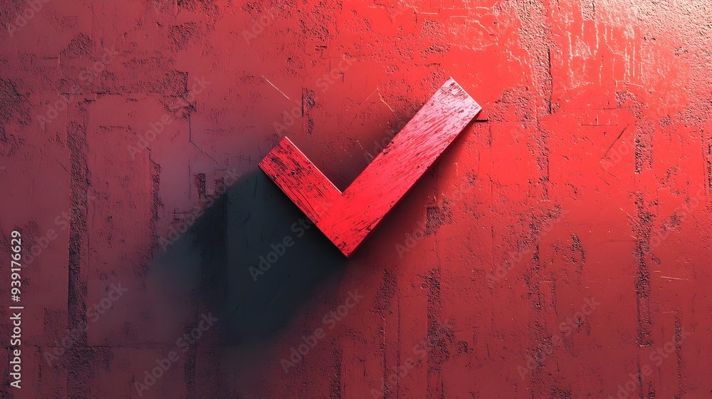 Poster bold red 3d checkmark icon with glossy finish casting long shadow on textured surface