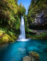 苔むした岩と鮮やかな葉に囲まれた、透明なプールに流れ落ちる美しい滝