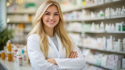 A young woman in a white coat stands in a pharmacy with a smile on her face.