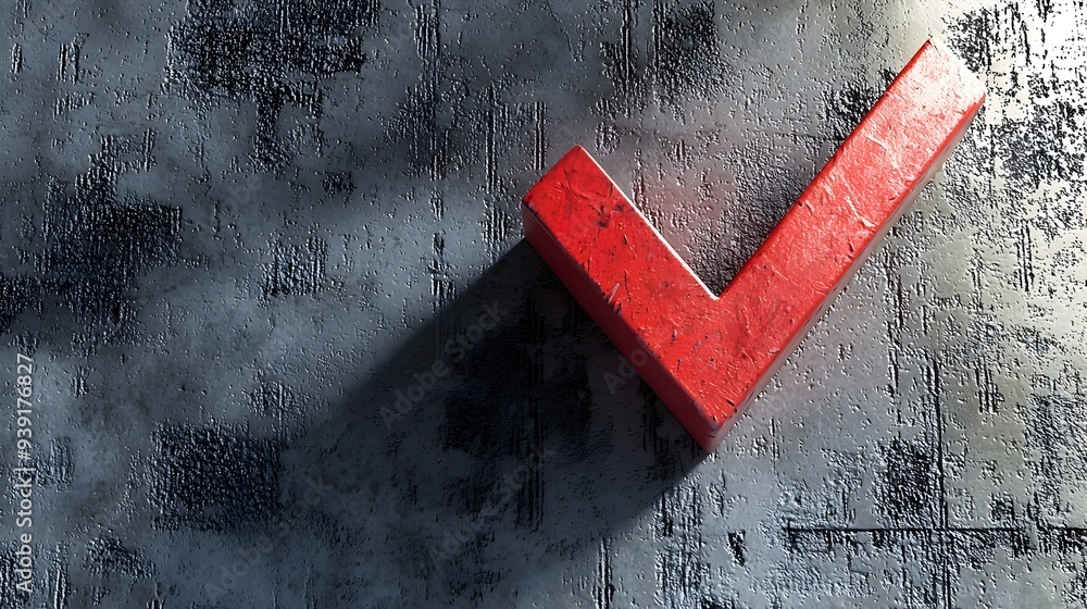 Poster bold red 3d checkmark icon with glossy finish and long shadow on textured surface