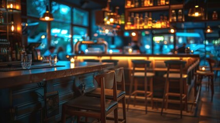bar counter with chairs in empty comfortable restaurant at night