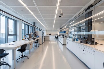 Modern office interior with white desk and chairs, a white ceiling with fluorescent lights, and windows overlooking a city.