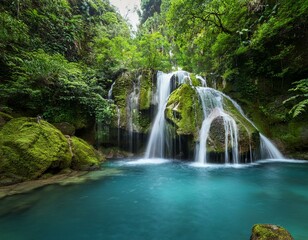 苔むした岩と鮮やかな葉に囲まれた、透明なプールに流れ落ちる美しい滝