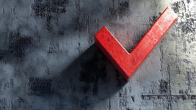 Bold Red 3D Checkmark Icon with Glossy Finish and Long Shadow on Textured Surface