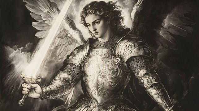 St. Michael the Archangel, Clad in Divine Armor, Represents Biblical Justice and Religious Protection, Wielding a Sword of Light in Christianity&rsquo;s Eternal Struggle Against the Forces of Darkness