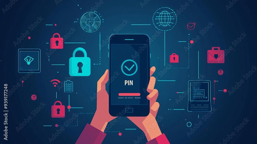 Poster a person holding a phone while entering a pin, with a firewall symbol and floating security icons su