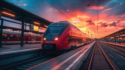 Naklejka premium Beautiful railway station with modern high speed red commuter train at colorful sunset.