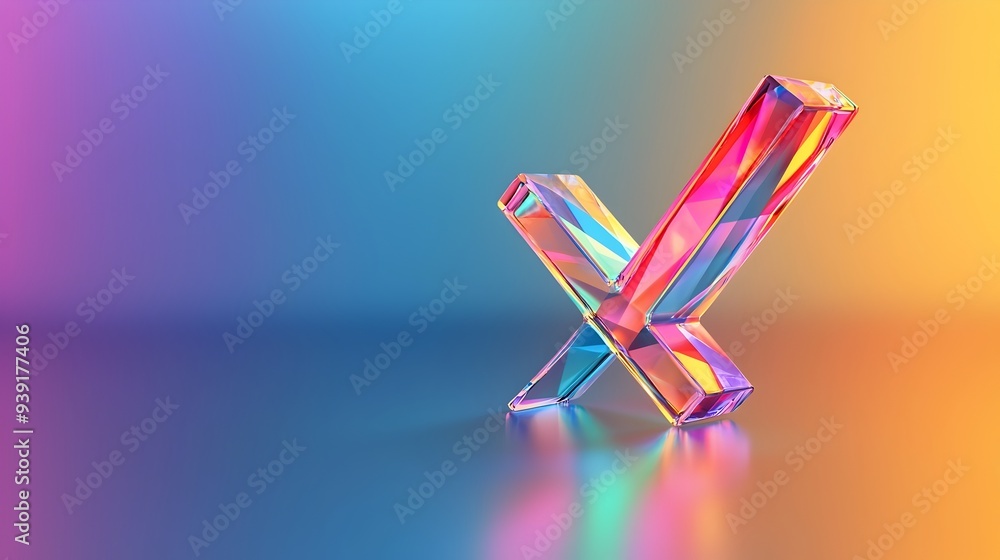 Poster multicolored 3d crystal check mark icon with faceted surfaces and light reflections
