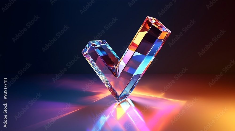 Poster shimmering crystal 3d check mark icon with multicolored reflections