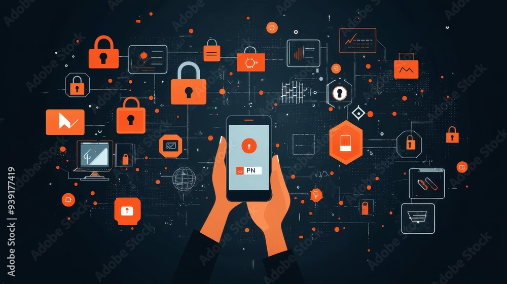 Poster a person holding a phone while entering a pin, with a firewall symbol and floating security icons su