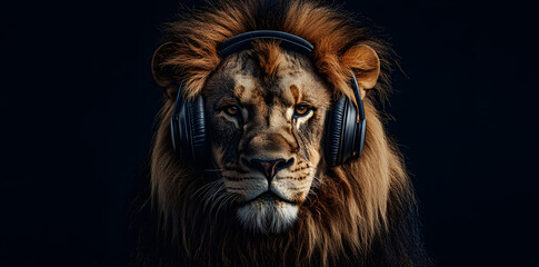 Portrait of gorgeous lion  with headphones on isolated background