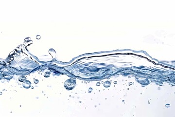 Blue water splash with bubbles on white background.