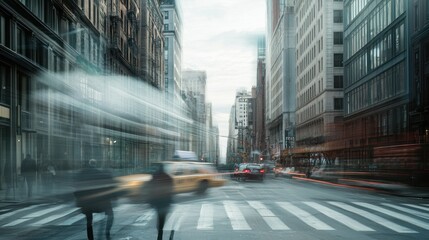 Blurred City Street with Traffic and Pedestrians