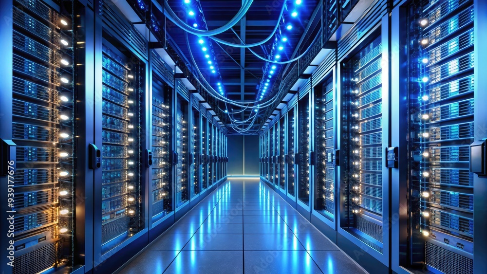 Poster rack-mounted servers and computers line a dark data center aisle, illuminated by soft blue led light