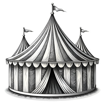 recommend clip art: A black and white drawing of a circus tent with stars