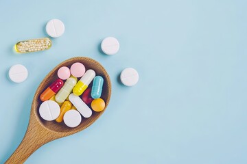 Assorted pills and capsules in a wooden spoon, scattered on a light blue background.