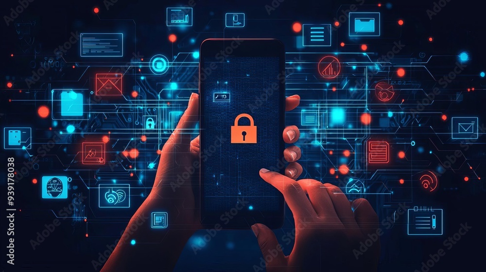 Poster a person typing a pin into a phone, with a firewall symbol and digital security patterns overlaying 