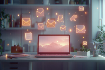 Email icons floating around a laptop in a warm, cozy home office setting
