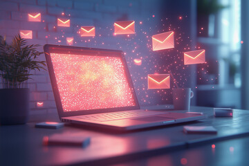 Email icons floating around a laptop in a warm, cozy home office setting

