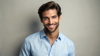 Obraz premium Relaxed male model wearing a light blue casual button-down shirt with slight rumpling, posed against a neutral background with a subtle smile.