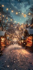 Obraz premium Enchanting snowy Christmas market with festive lights, decorated stalls, and joyful atmosphere in a winter wonderland scene.