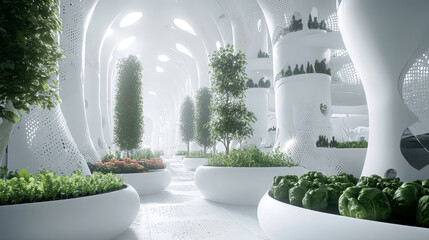 Naklejka premium Modern indoor vertical microgreens farm with white futuristic design. Numerous green plants grow in columns. Concept of sustainable agriculture