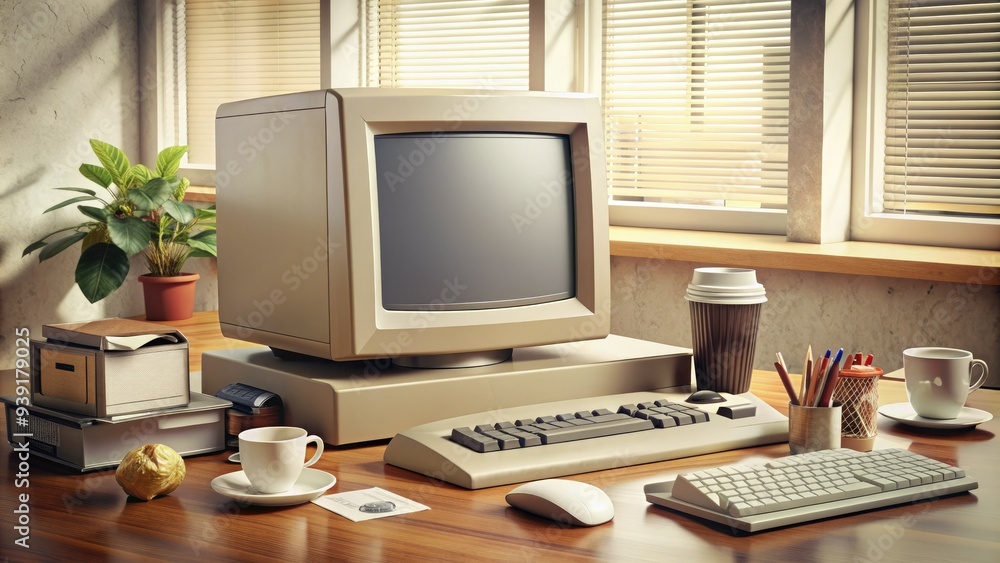 Poster retro beige desktop computer with bulky crt monitor, keyboard, and mouse, surrounded by scattered pa