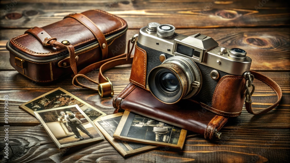 Wall mural retro brown leather-bound camera with brass details and lenses, adorned with vintage accessories, re