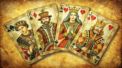 Retro style illustration of assorted vintage playing cards, including aces, kings, and queens, with ornate designs and faded colors on a distressed background.