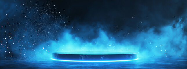 Obraz premium Futuristic blue stage with mist and spotlight in a dark atmospheric setting. 