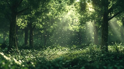 Naklejka premium Sunlight Filtering Through Lush Green Forest Canopy