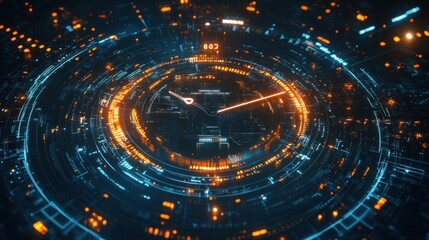 Abstract Digital Clock Interface with Glowing Orange and Blue Lines