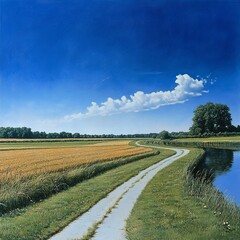 Obraz premium grass road, fields farm and canal in blue sky