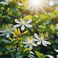 Fototapeta premium Honeysuckle blooms in the garden. White and yellow flowers of Lonicera Caprifolium against of green leaves. Floriculture and horticulture. Arching shrubs or twining vines in the family Caprifoliaceae