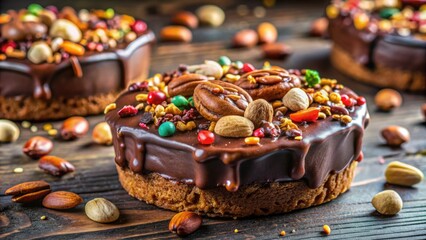 Rich, velvety chocolate envelops a decadent treat, with chunky nuts and sprinkles adding texture and color to this indulgent, mouthwatering sweet delight.