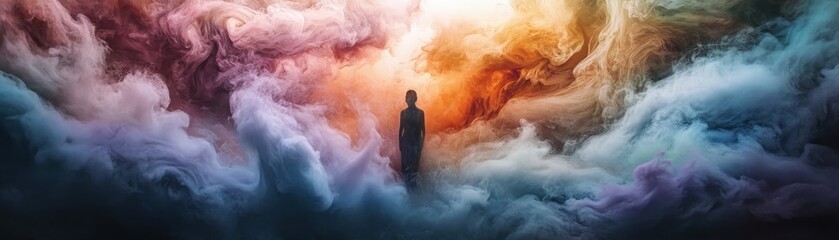 Obraz premium A Solitary Figure Standing in a Dreamlike Swirl of Colorful Smoke