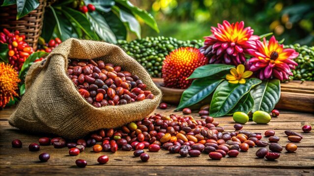 Richly colored coffee beans spill from a worn burlap sack in a rustic Nicaraguan farmhouse, surrounded by lush greenery and vibrant tropical flowers.