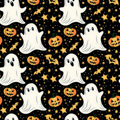 spooky white ghost and pumpkin halloween seamless pattern on a black background 