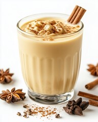 Eggnog, a milk-based drink with cinnamon, in a glass, isolated on a white background