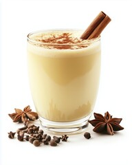 A glass of eggnog with a cinnamon stick, isolated on a white background, side view